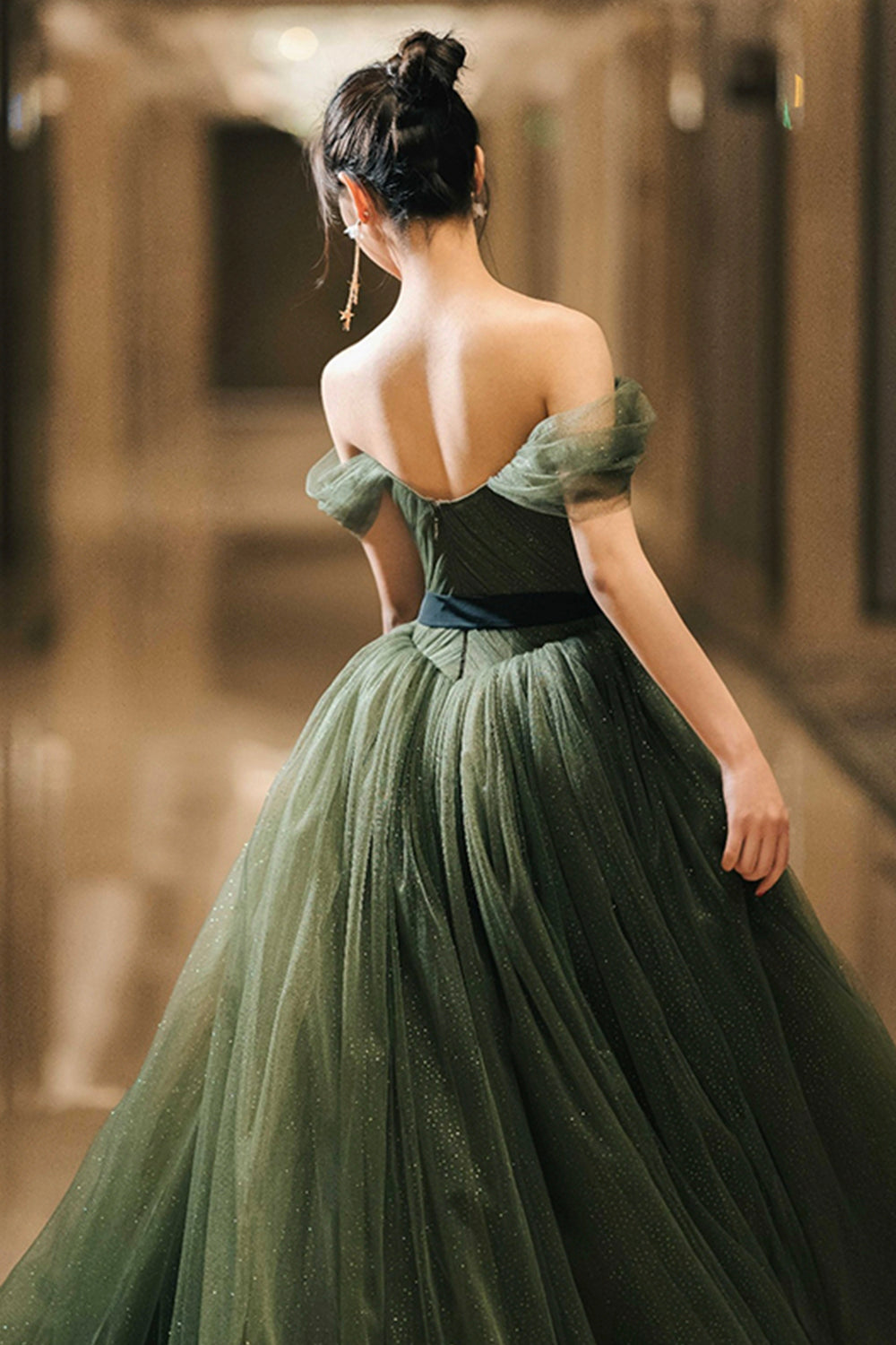 Green Tulle Long Prom Dress, Off the Shoulder A-Line Evening Party Dre Green Tulle Long Prom Dress, Off the Shoulder A-Line Evening Party Dre