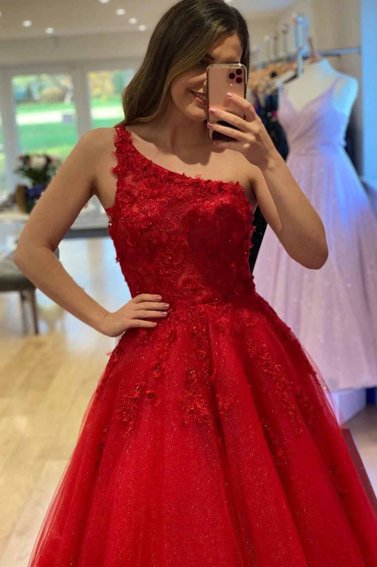 Red Lace One Shoulder Prom Dress, A-Line Red Evening Party Dress