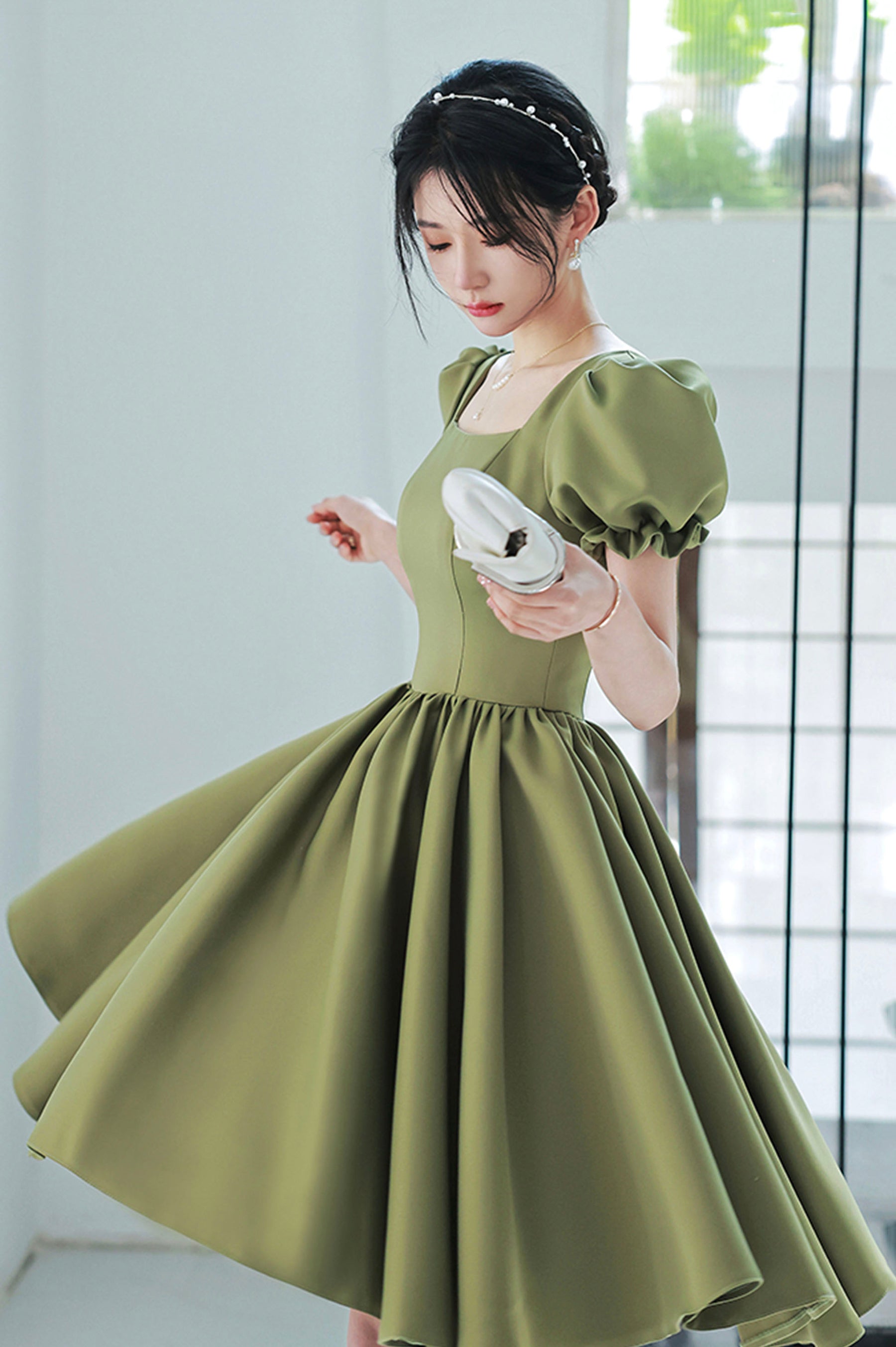Green Satin Short A-Line Prom Dress, Cute Short Sleeve Homecoming Dres Green Satin Short A-Line Prom Dress, Cute Short Sleeve Homecoming Dres