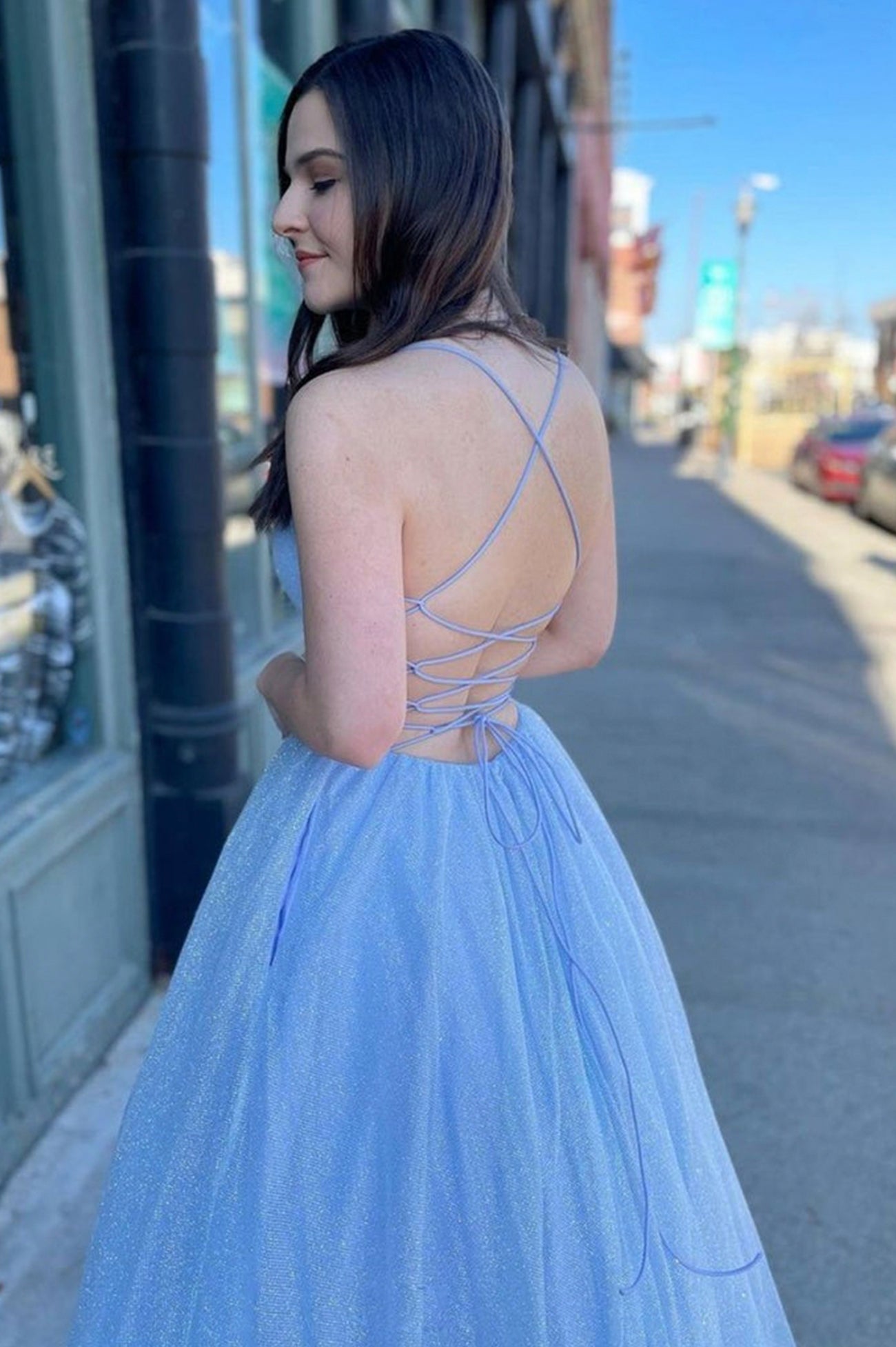 Blue Tulle Long A-Line Backless Prom Dress, Cute V-Neck Backless Evening Dress