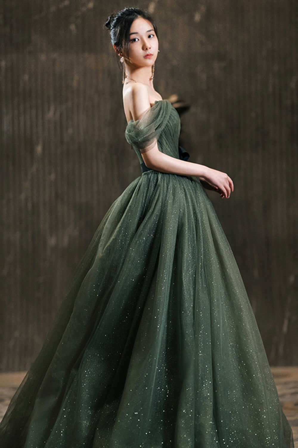 Green Tulle Long Prom Dress, Off the Shoulder A-Line Evening Party Dress