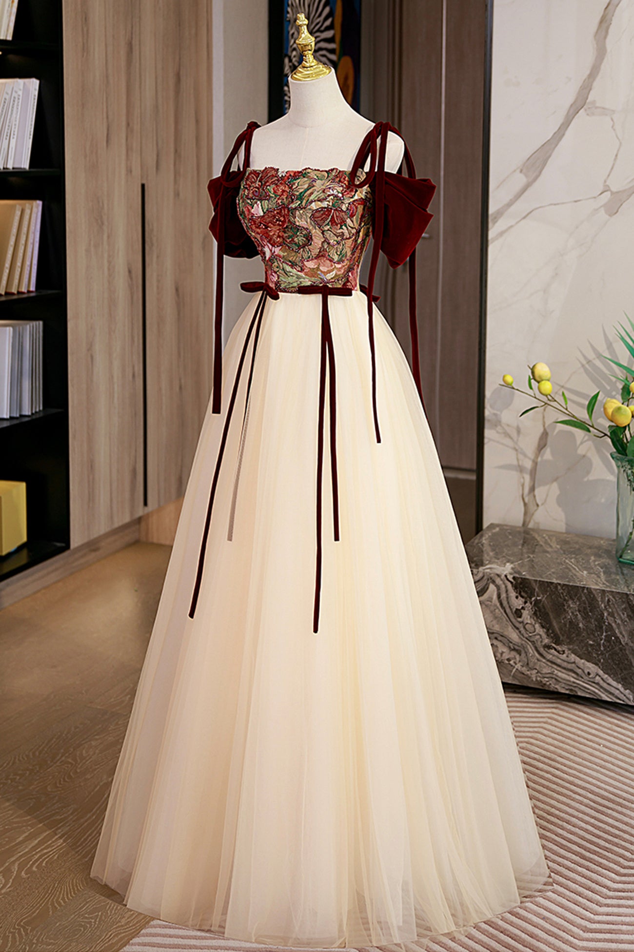 Elegant Tulle Embroidery Long Evening Dress, Cute Off the Shoulder Party Dress