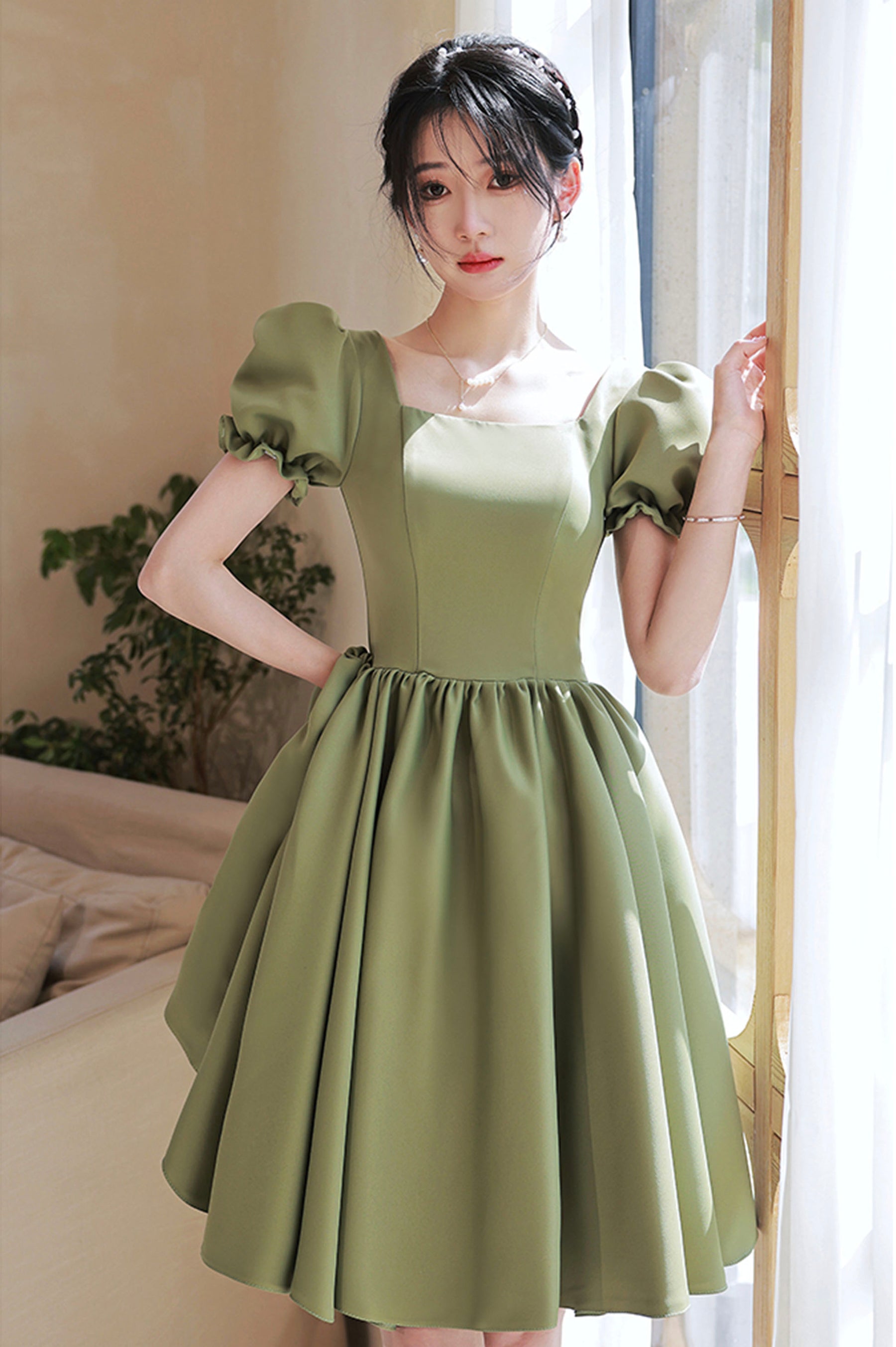 Green Satin Short A-Line Prom Dress, Cute Short Sleeve Homecoming Dress
