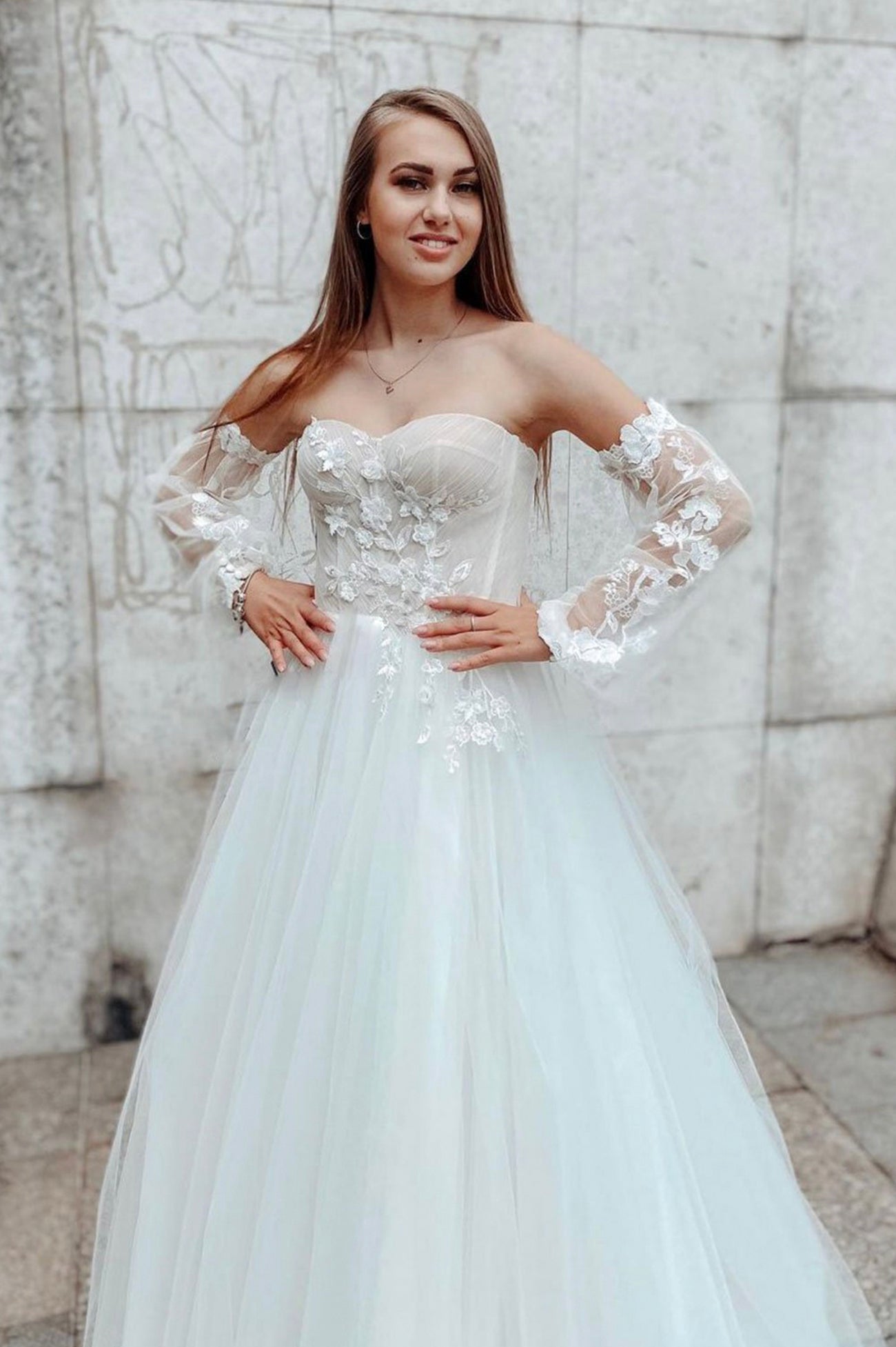 Plunging V-Neck Lace Long Prom Dress, White Long Sleeve Evening Party
