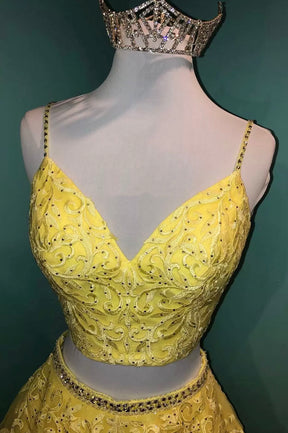 Yellow V-Neck Lace Long Prom Dress, Two Pieces Evening Graduation Dress