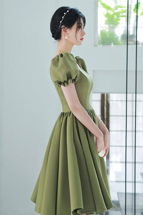 Green Satin Short A-Line Prom Dress, Cute Short Sleeve Homecoming Dress