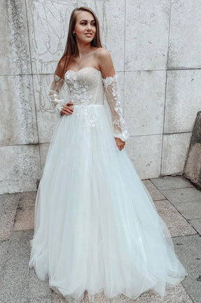 White Lace Long Sleeve Prom Dress, A-Line Off the Shoulder Formal Dress