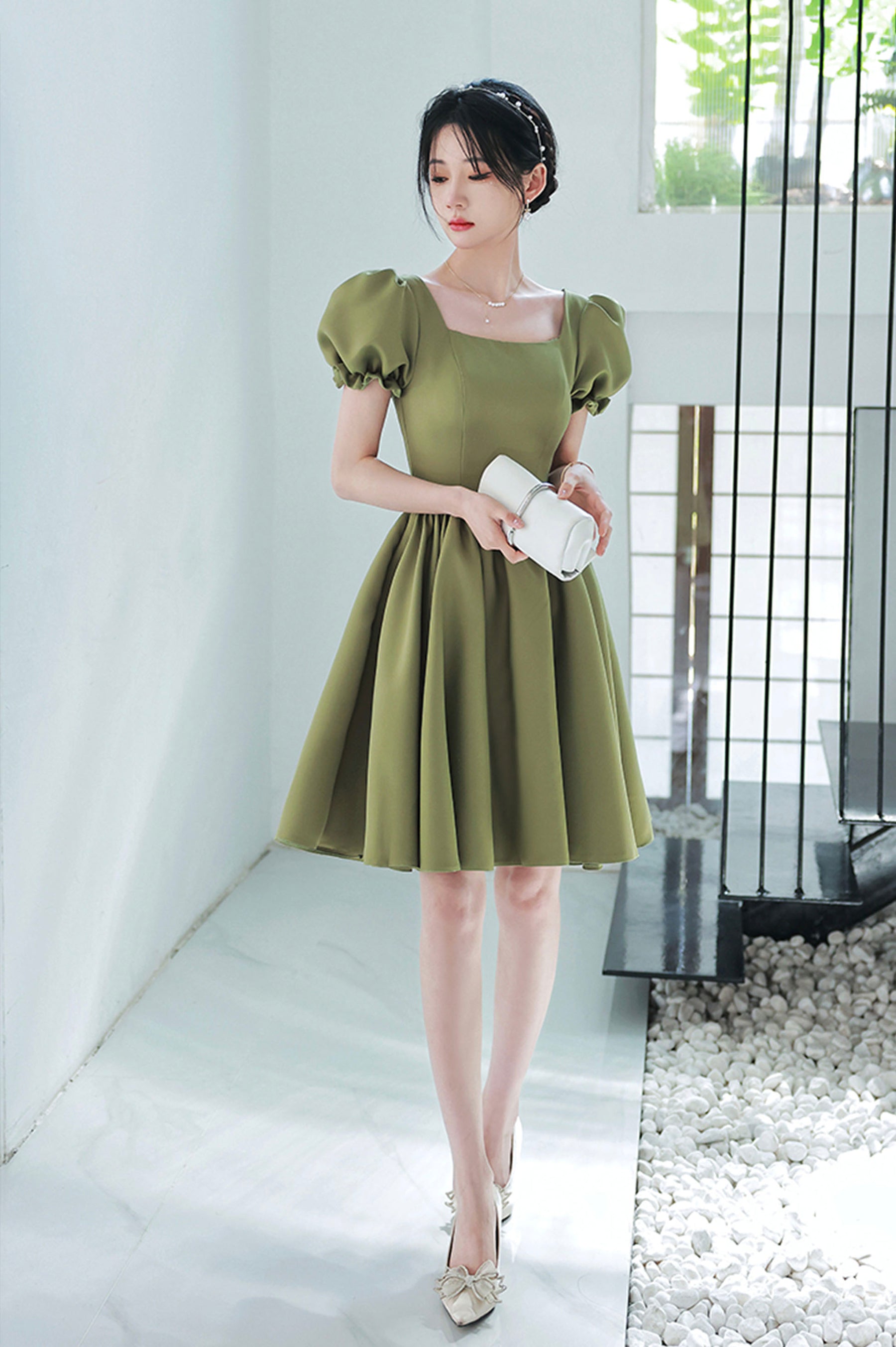 Green Satin Short A-Line Prom Dress, Cute Short Sleeve Homecoming Dres Green Satin Short A-Line Prom Dress, Cute Short Sleeve Homecoming Dres