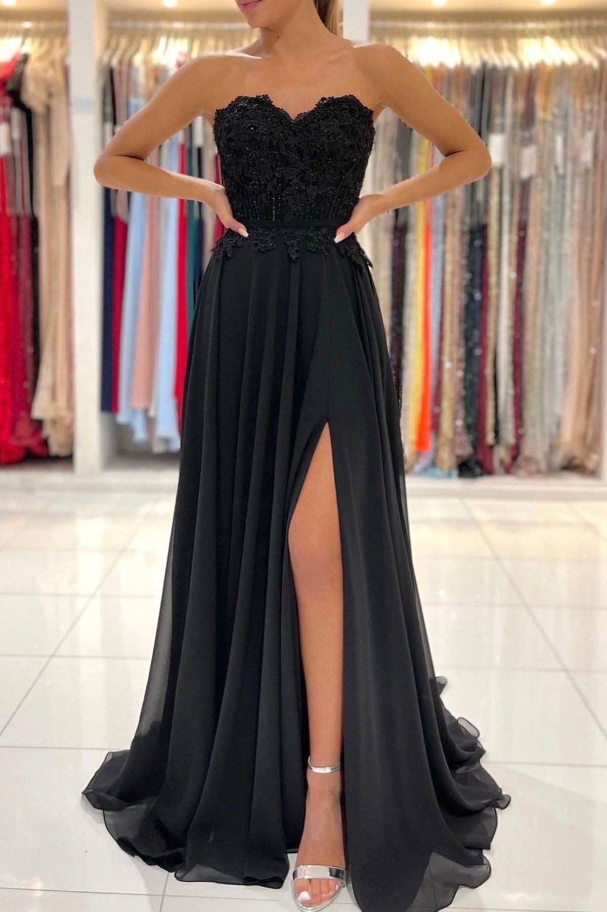 Black Chiffon Lace Long Prom Dress, A-Line Strapless Evening Party Dress