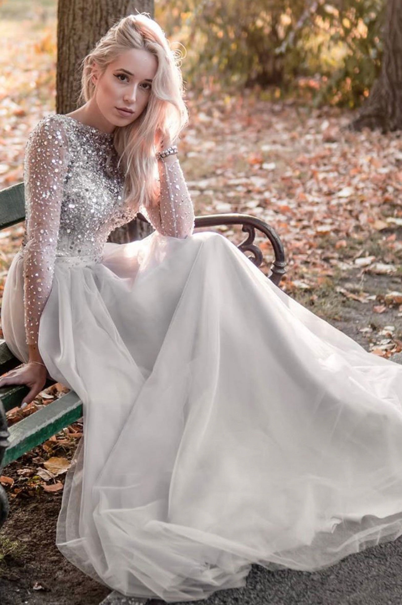 Grey Tulle Long Sleeve Prom Dress, A-Line Scoop Neckline Evening Dress with Beaded