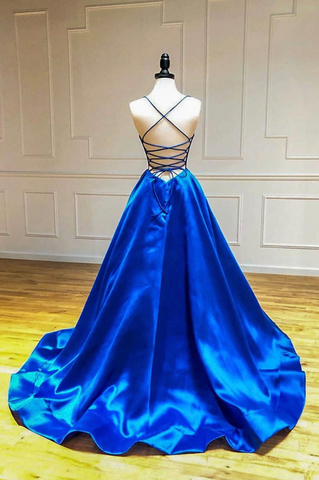 Blue V-Neck Satin Long Evening Dress, A-Line Backless Prom Dress