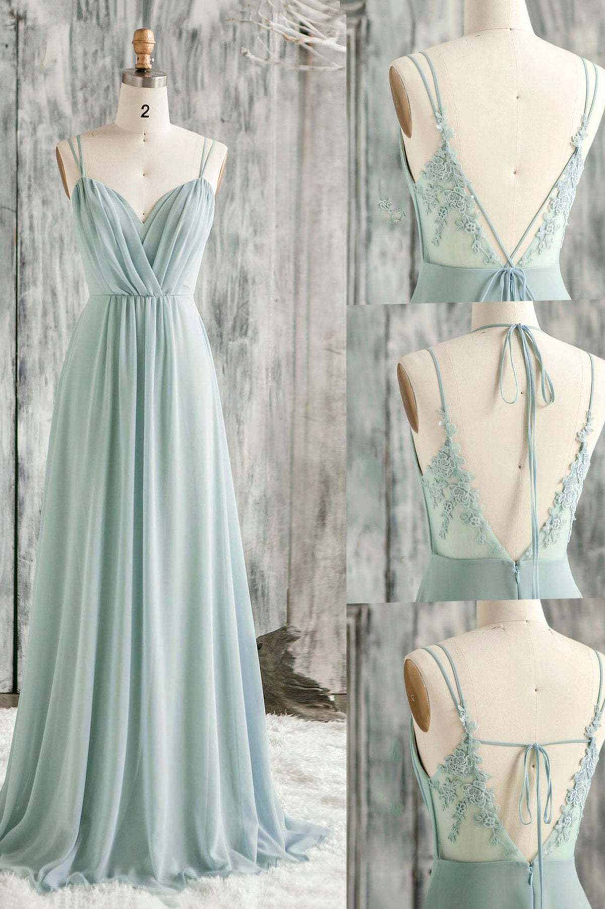 A-Line Chiffon Lace Long Prom Dress, Green Spaghetti Strap Backless Evening Dress