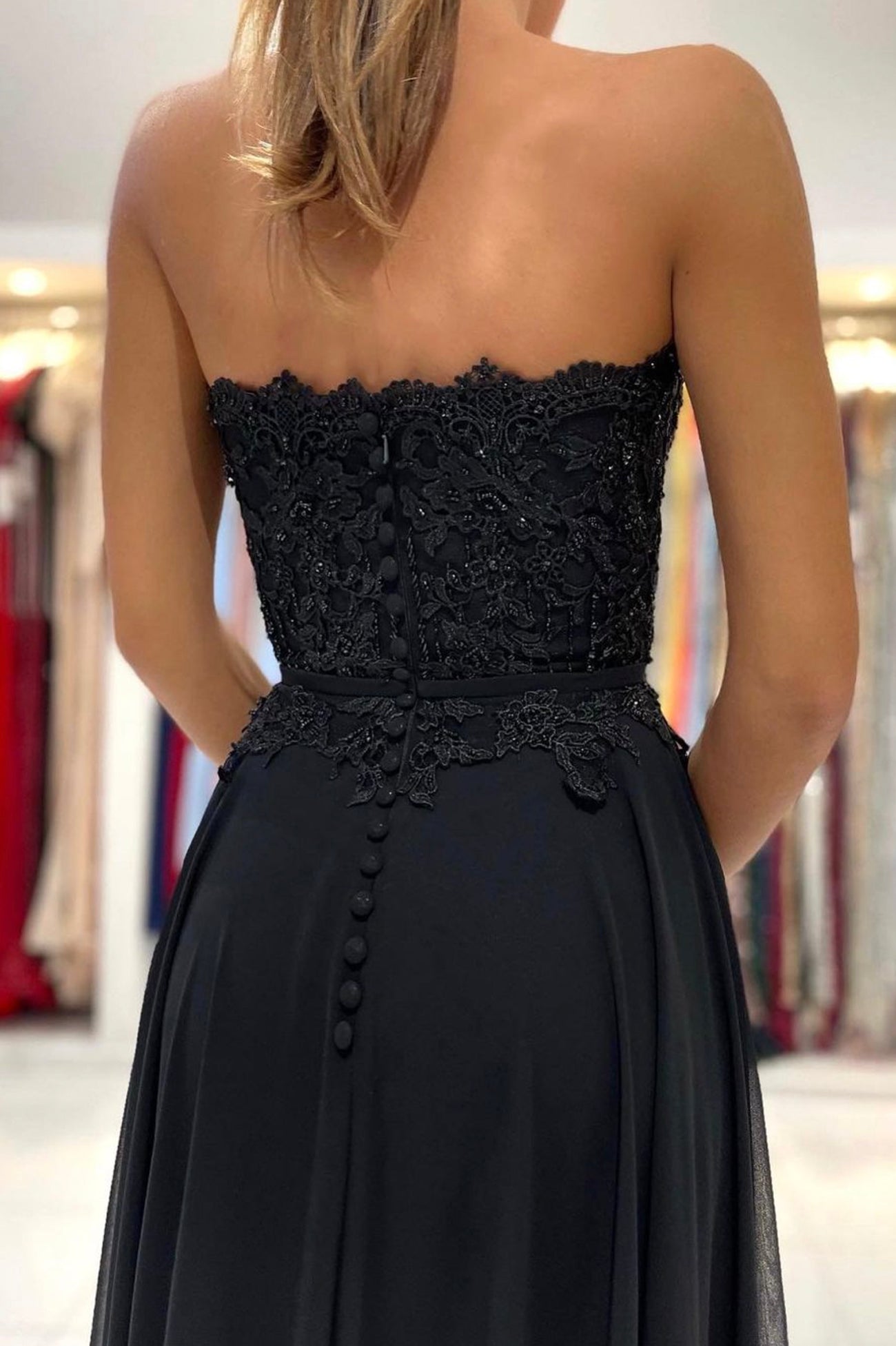 Black Chiffon Lace Long Prom Dress, A-Line Strapless Evening Party Dress