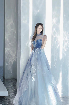 Blue Tulle Long A-Line Prom Dress with Lace, Lovely Evening Party Dress