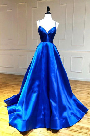 Blue V-Neck Satin Long Evening Dress, A-Line Backless Prom Dress