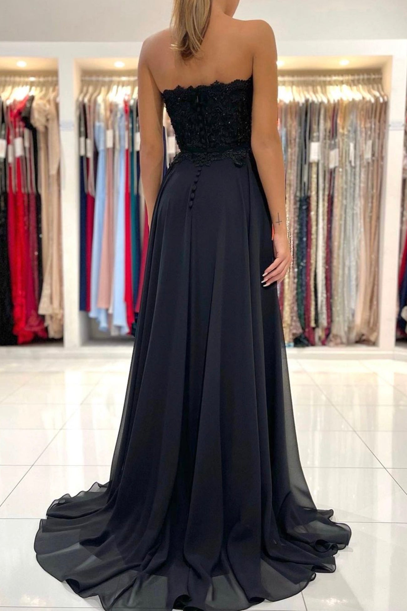 Black Chiffon Lace Long Prom Dress, A-Line Strapless Evening Party Dress