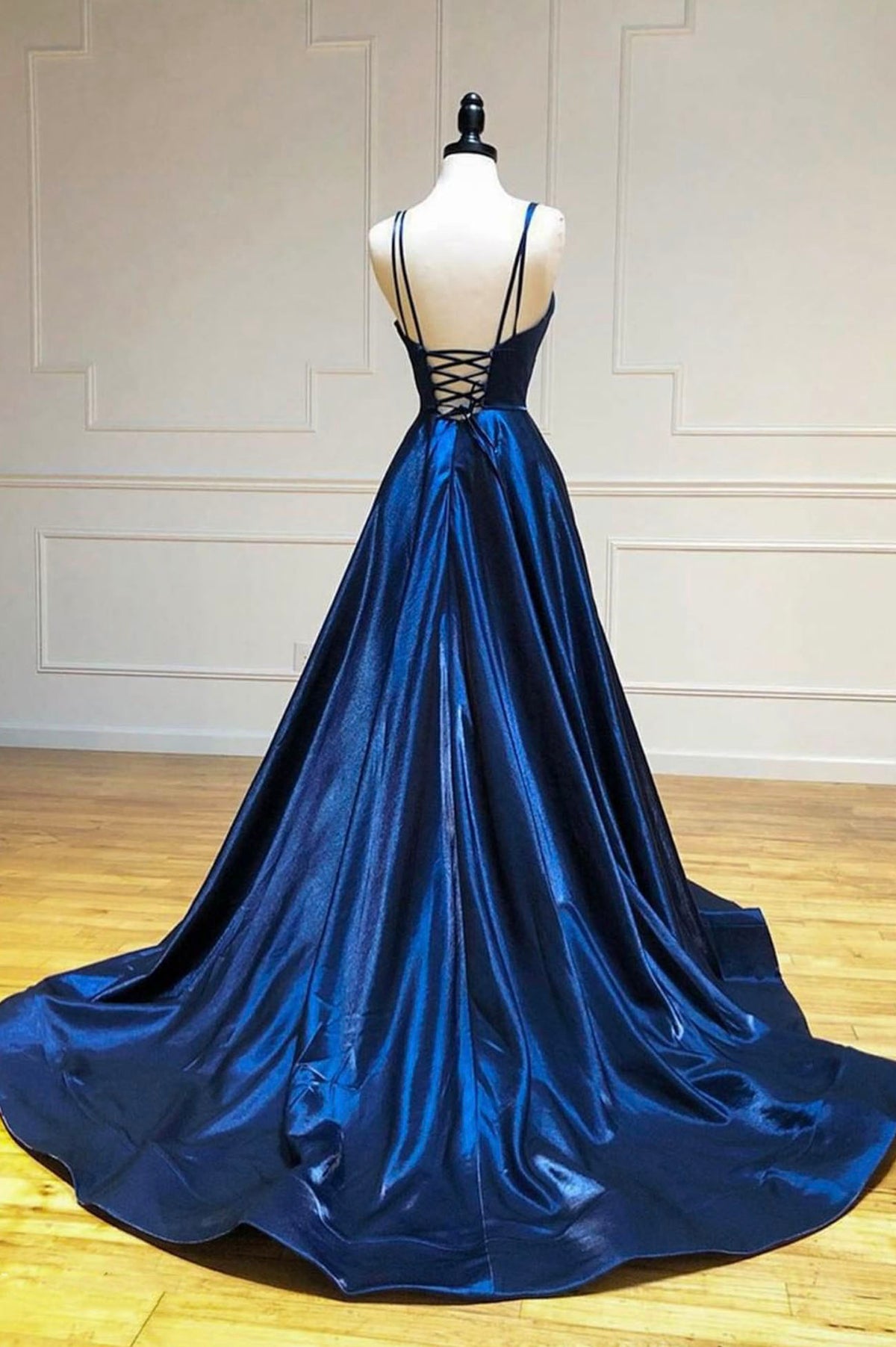 Simple Satin Long A-Line Prom Dress, Blue Spaghetti Strap Evening Party Dress