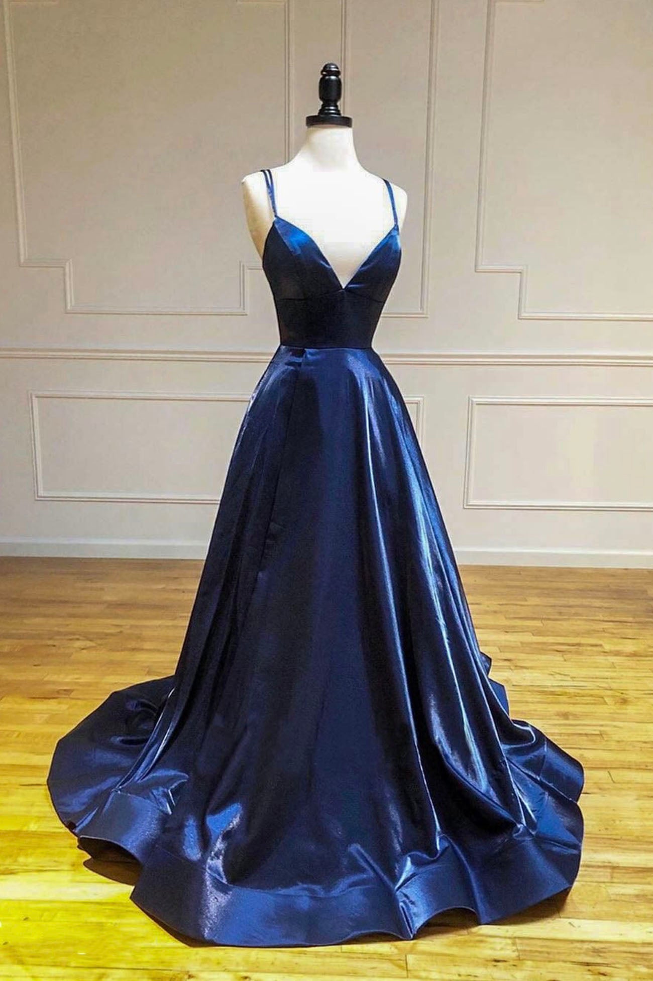 Simple Satin Long A-Line Prom Dress, Blue Spaghetti Strap Evening Party Dress