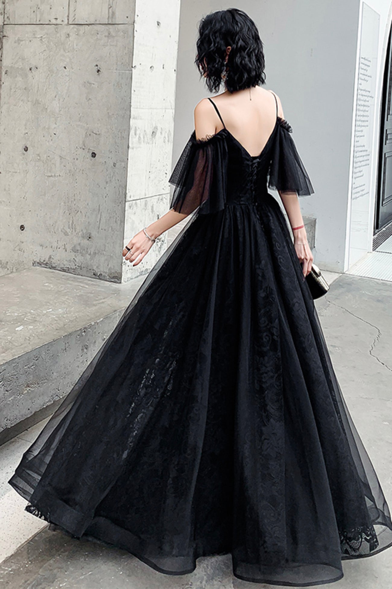 Black Lace Long A-Line Prom Dress, Black Off the Shoulder Evening Dress