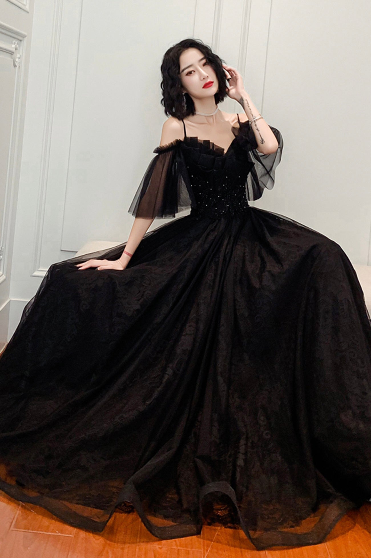 Black Lace Long A-Line Prom Dress, Black Off the Shoulder Evening Dres Black Lace Long A-Line Prom Dress, Black Off the Shoulder Evening Dres