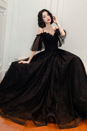 Black Lace Long A-Line Prom Dress, Black Off the Shoulder Evening Dress