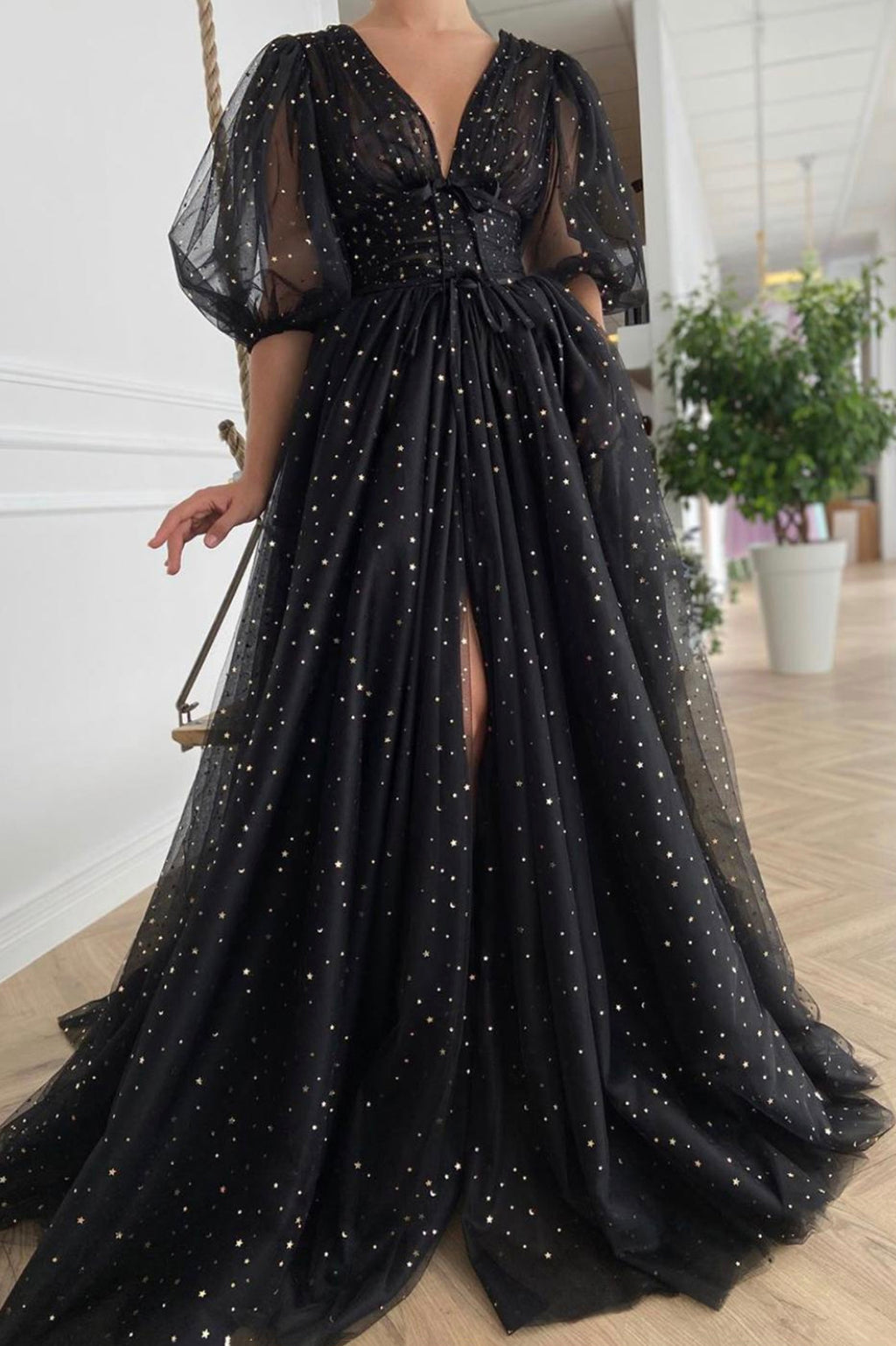 long black dress aesthetic Black Tulle Long A-line Prom Dress, Black V-Neck Evening Dress