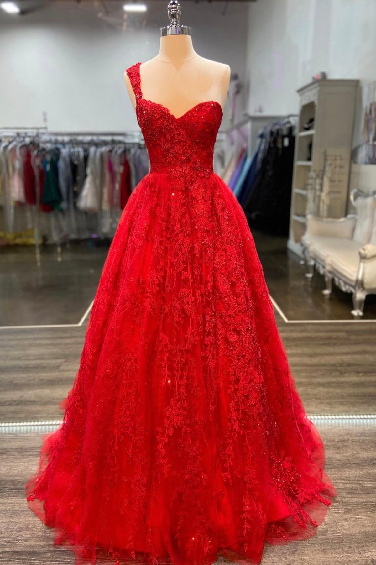 Red Lace Long A-Line Prom Dress, One Shoulder Evening Dress