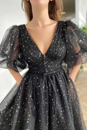 Cute V-Neck Tulle Short Prom Dress, Lovely Puff Sleeve Homecoming Dress