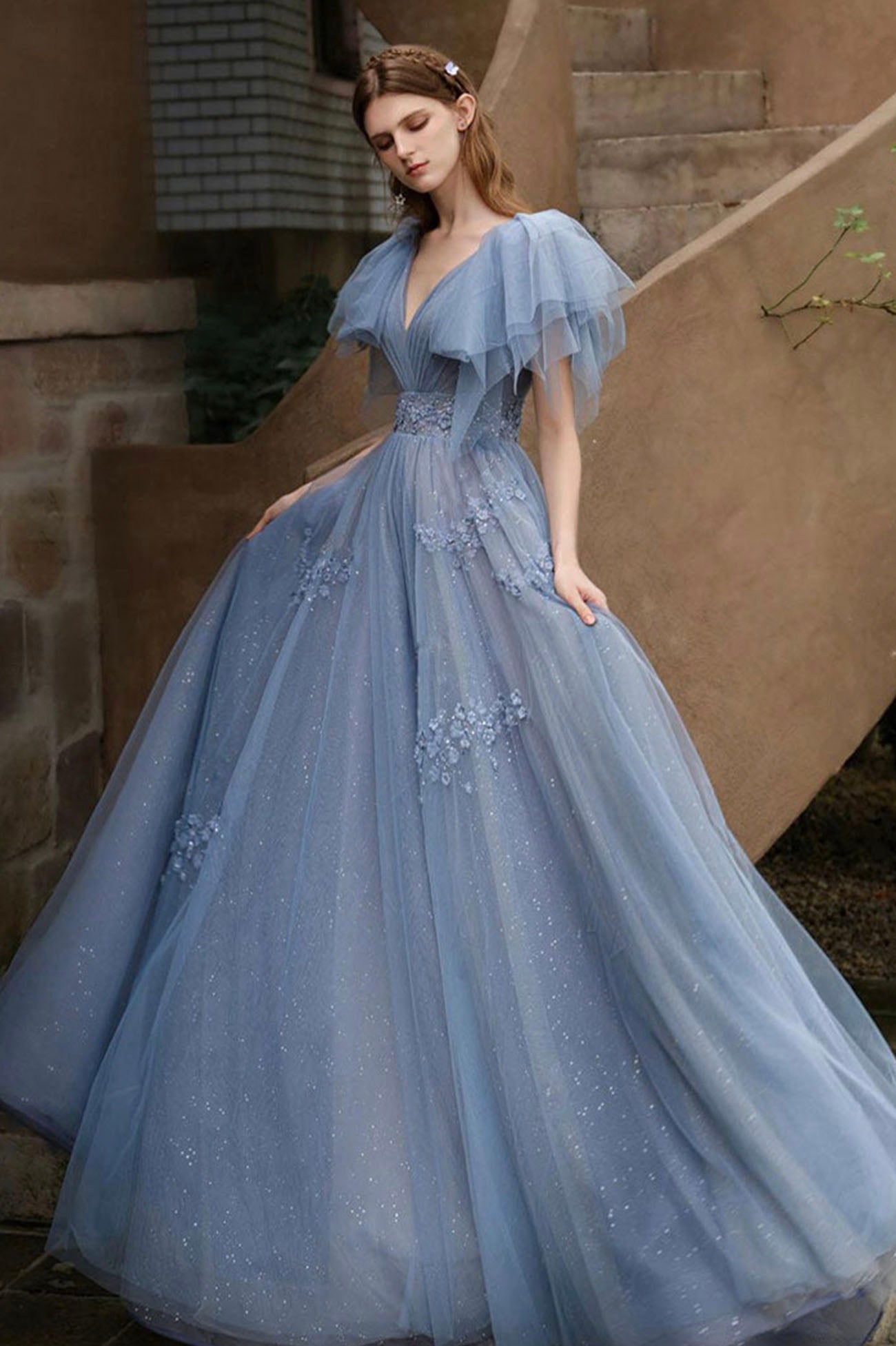 Blue Tulle Long A-Line Prom Dress, Cute V-Neck Evening Party Dress