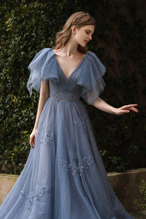 Blue Tulle Long A-Line Prom Dress, Cute V-Neck Evening Party Dress