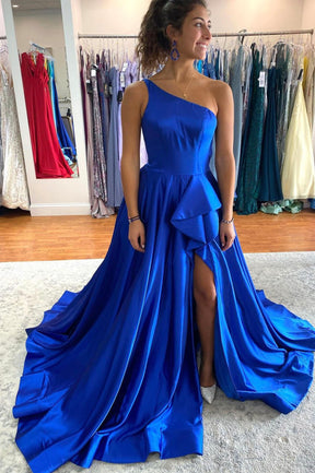 Blue Satin One Shoulder Prom Dress, Blue A-Line Evening Dress with Slit
