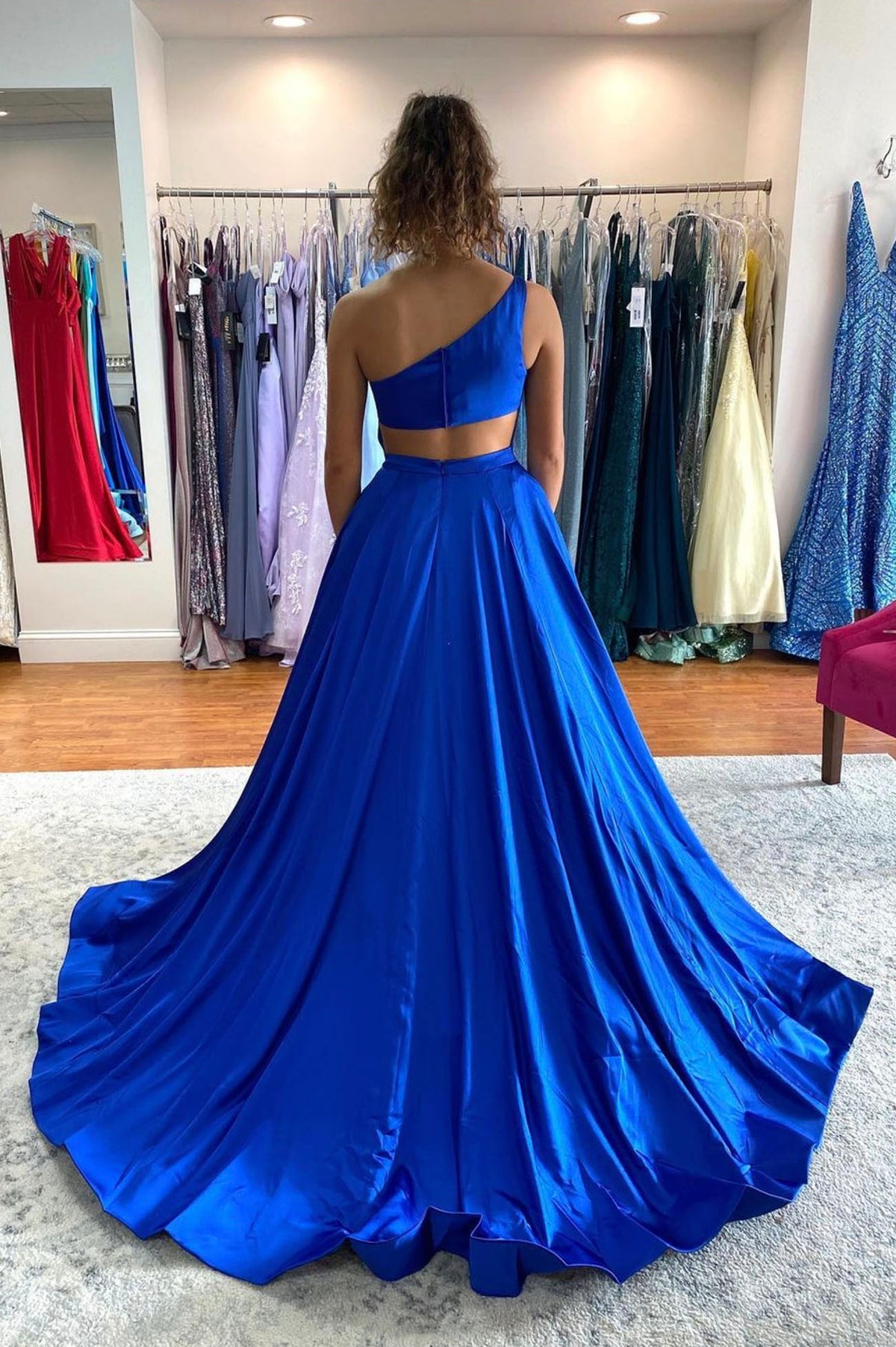 Blue Satin One Shoulder Prom Dress, Blue A-Line Evening Dress with Slit