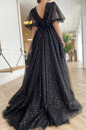 Black Tulle Long A-line Prom Dress, Black V-Neck Evening Dress