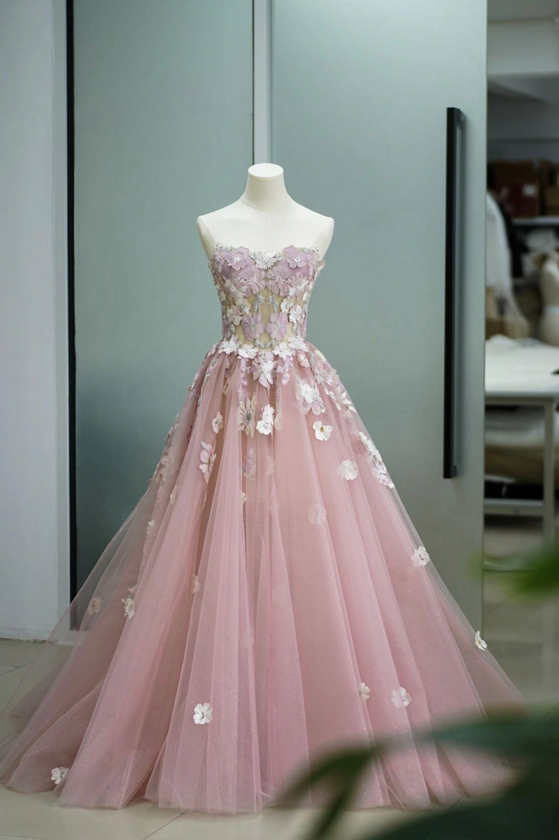 Pink Tulle Lace Long Prom Dress, Strapless A-Line Evening Graduation Dress
