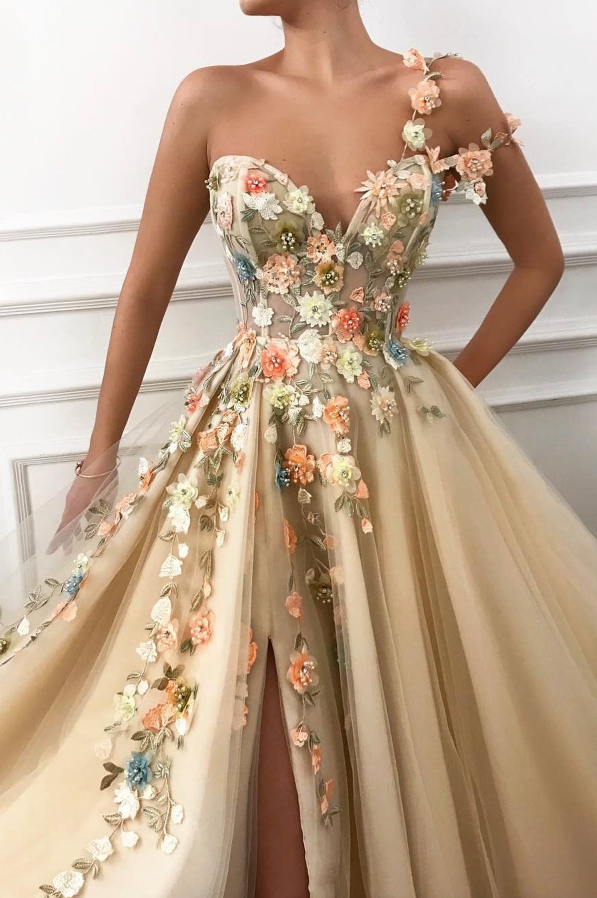 Champagne Tulle Long A-Line Prom Dress, Off the Shoulder Evening Dress with Slit