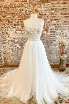White Tulle Lace Long Prom Dress, A-Line V-Neck Formal Evening Dress