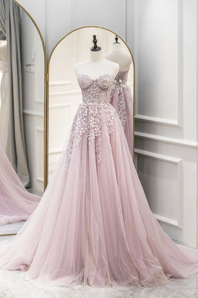 Pink Tulle Sweetheart Long Party Dress, Beautiful A-Line Prom Dress