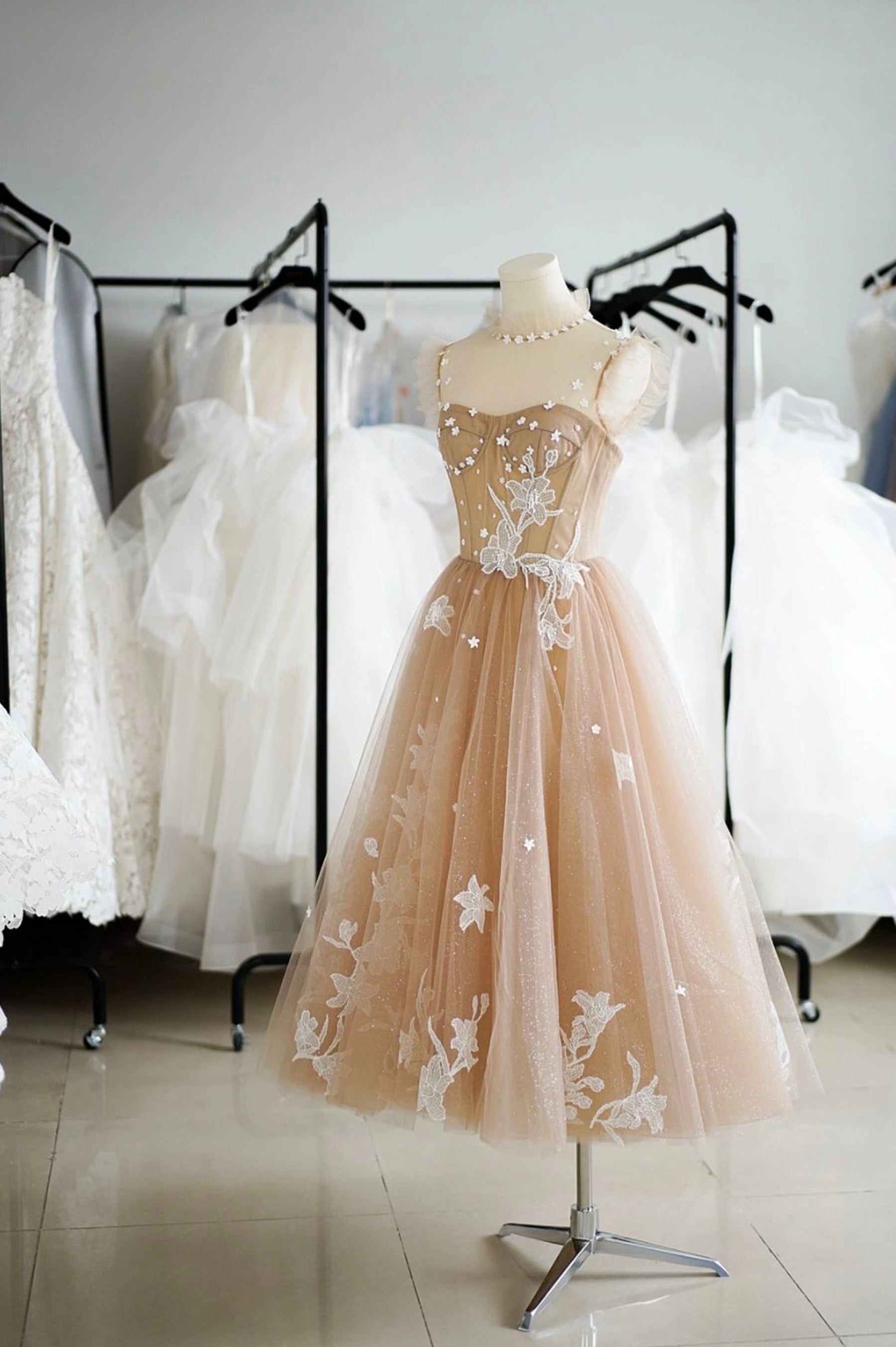 Champagne Lace Short A-Line Prom Dress, Cute Homecoming Party Dress Champagne Lace Short A-Line Prom Dress, Cute Homecoming Party Dress