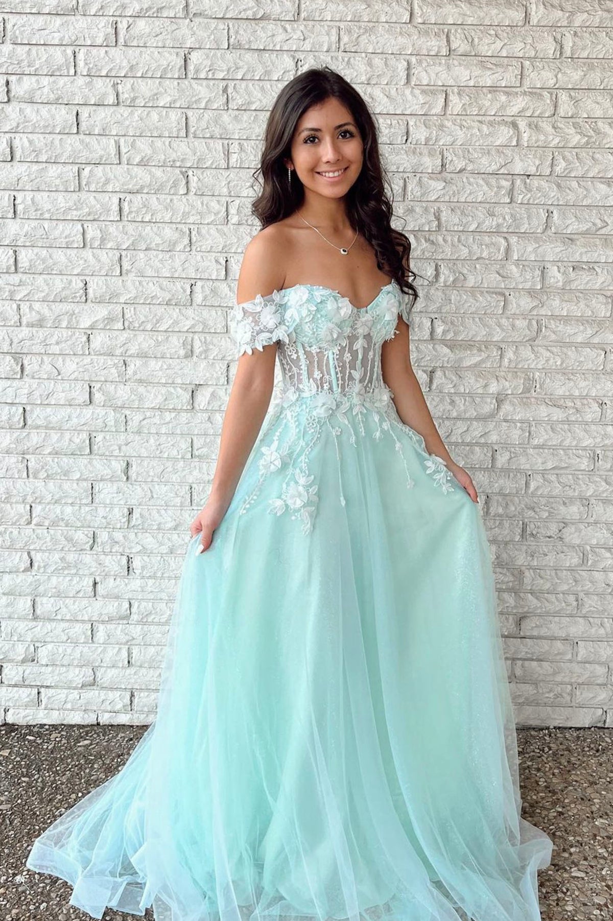 Green Tulle Long A-Line Prom Dress with Lace, Green Off the Shoulder Evening Dress