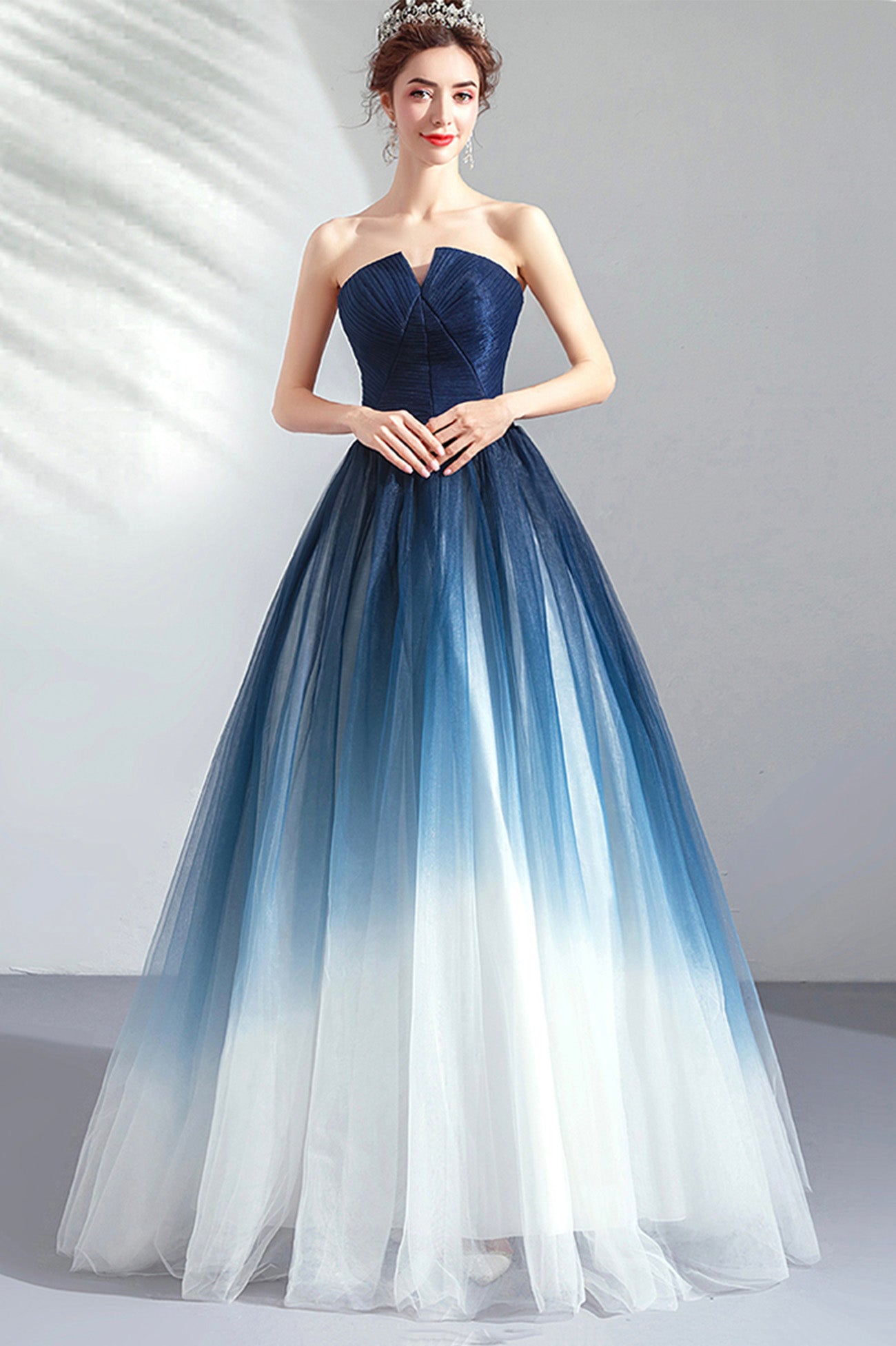 Blue Gradient Tulle Strapless Long A-Line Prom Dress, Blue Evening Party Dress