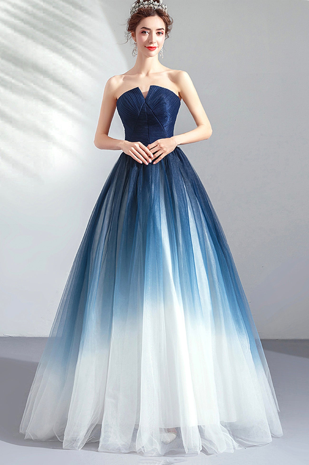 Blue Gradient Tulle Strapless Long A-Line Prom Dress, Blue Evening Par Blue Gradient Tulle Strapless Long A-Line Prom Dress, Blue Evening Par