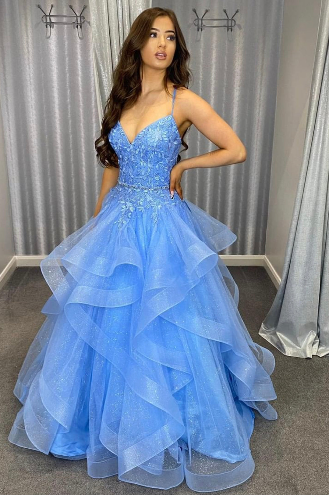 Blue Tulle Layers Long Formal Dress, V-Neck Spaghetti Straps Evening Party Dress