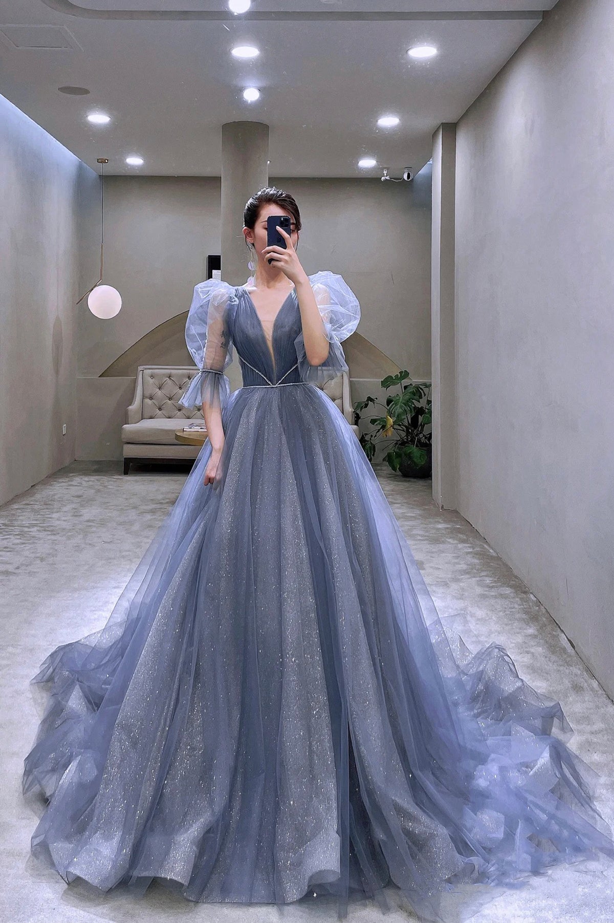 Blue Tulle Long A-Line Prom Dress, Cute Puff Sleeve Formal Evening Dress