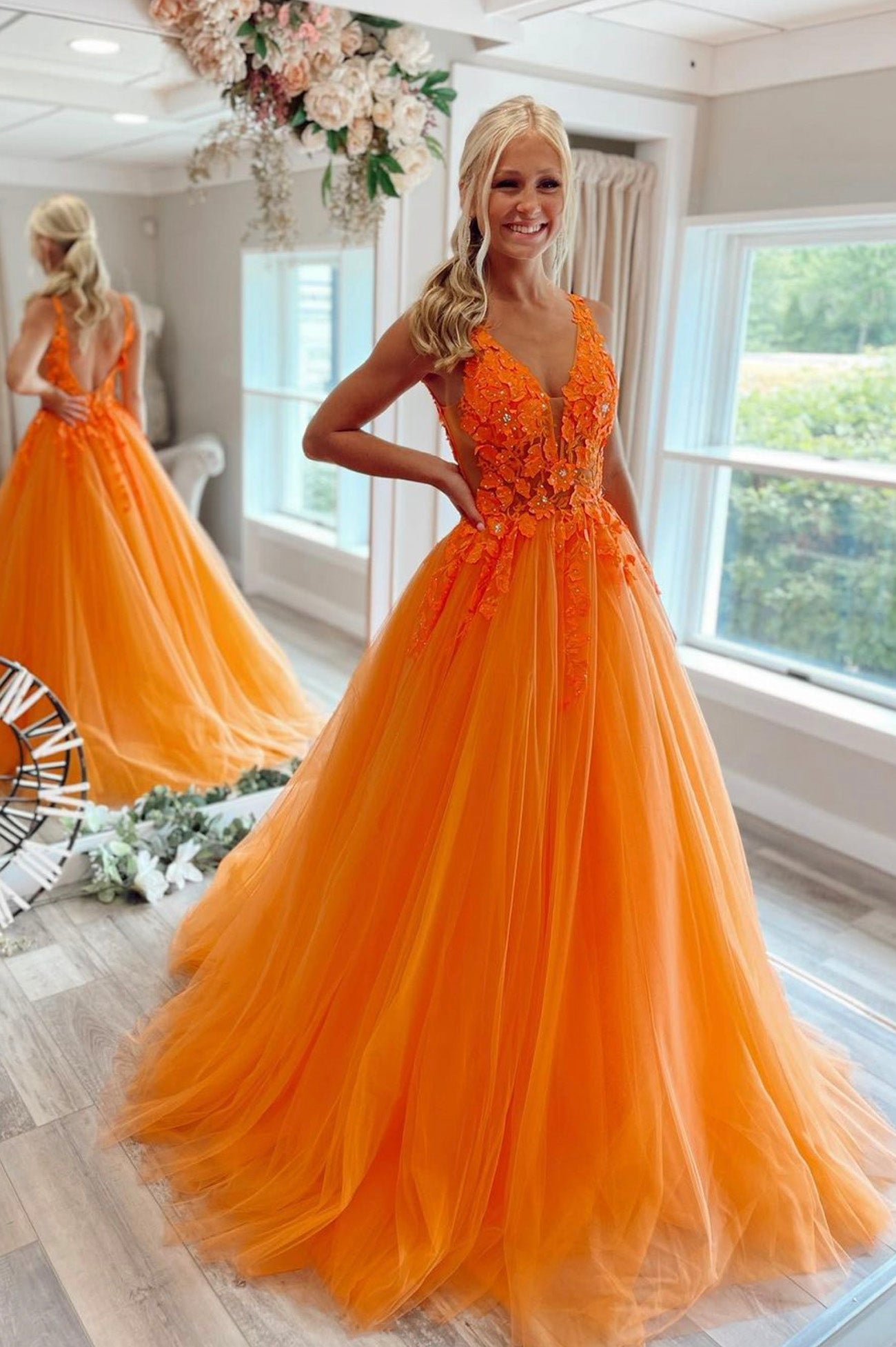 Orange V-Neck Tulle Lace Long Prom Dress, A-Line Graduation Party Dres
