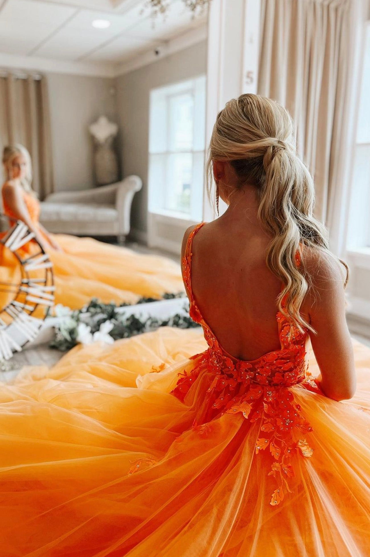 Orange V-Neck Tulle Lace Long Prom Dress, A-Line Graduation Party Dress