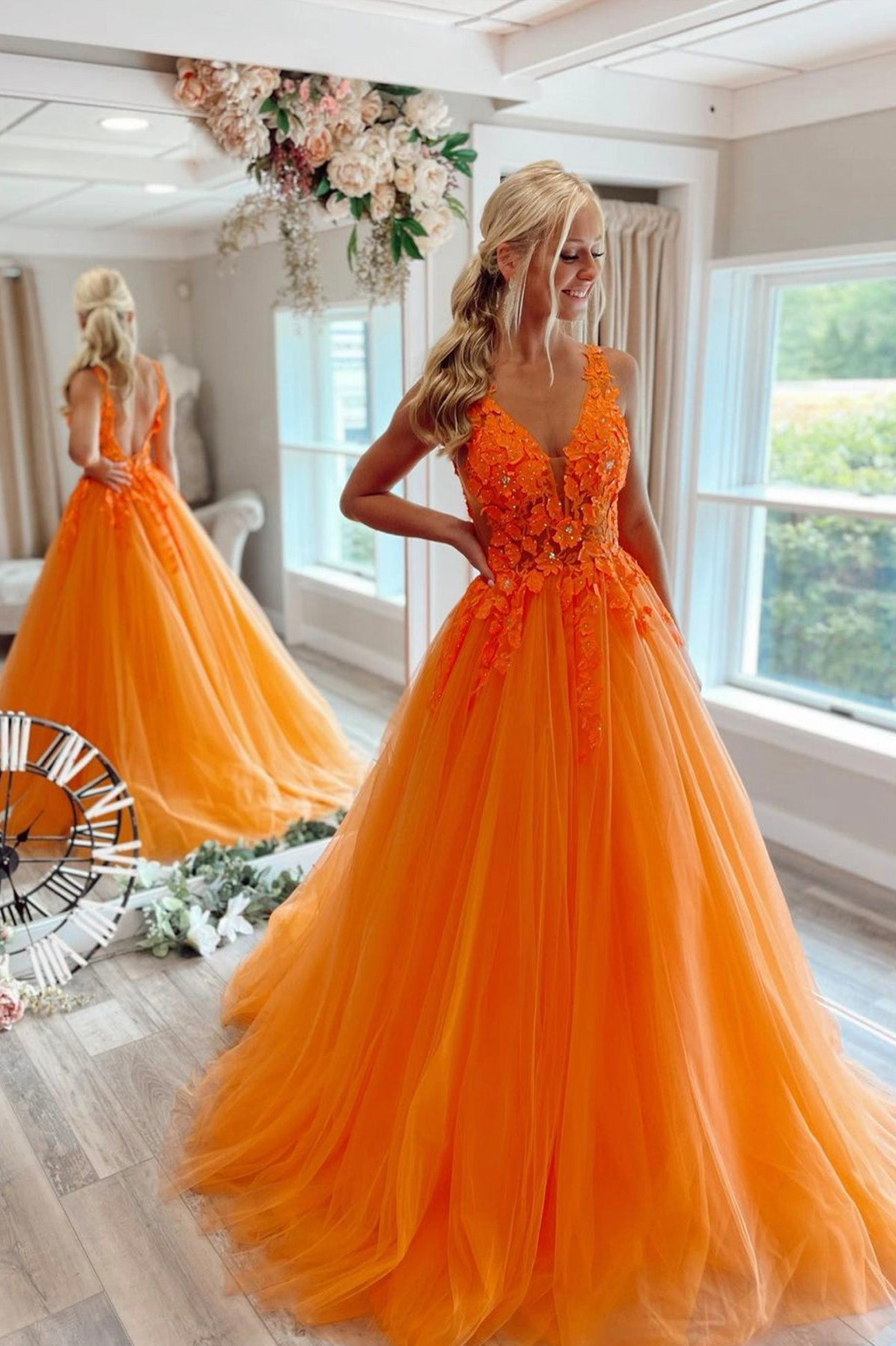 Orange V-Neck Tulle Lace Long Prom Dress, A-Line Graduation Party Dress