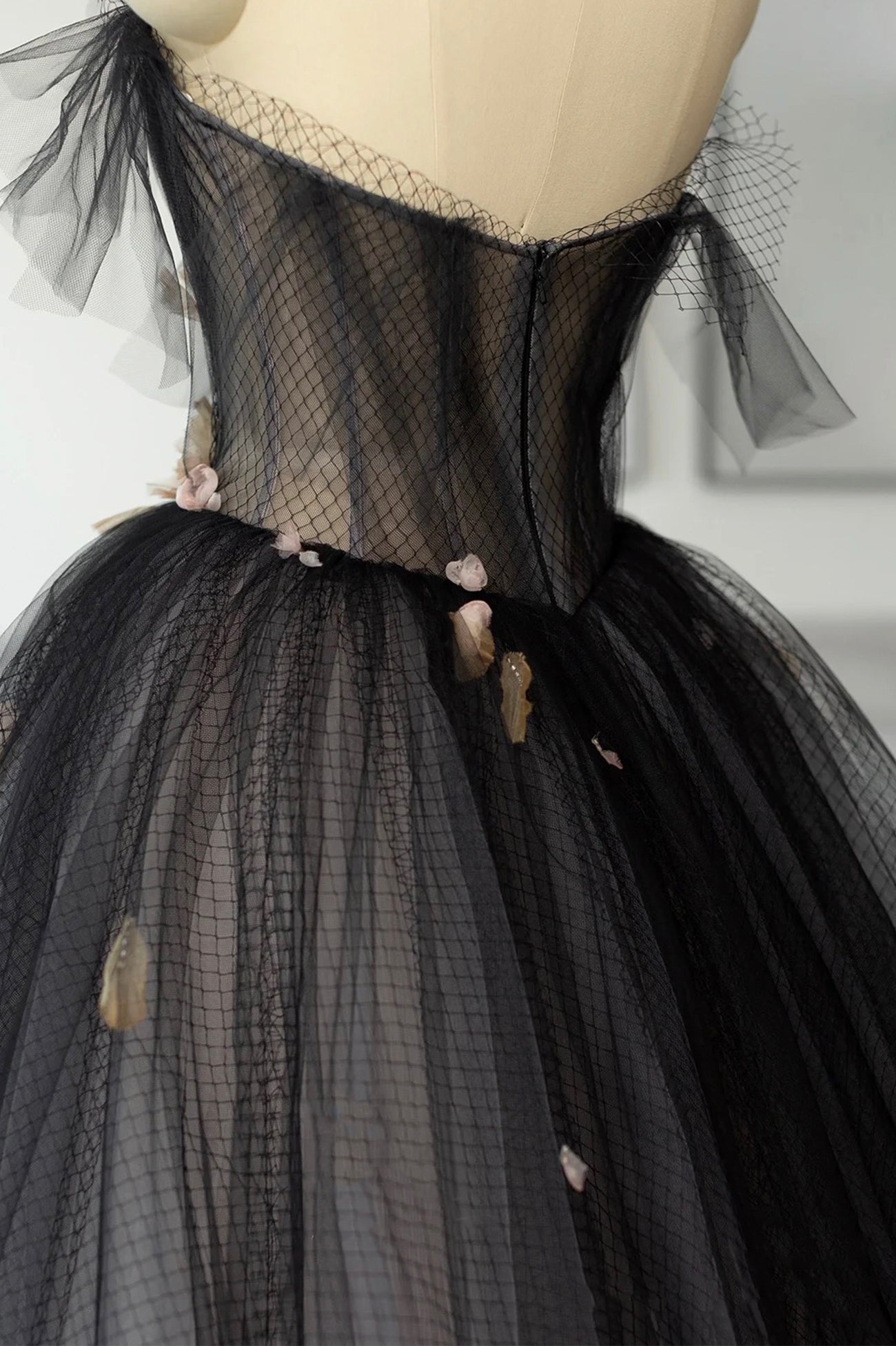 Black Tulle Long Prom Dress, Black A-Line Strapless Evening Dress