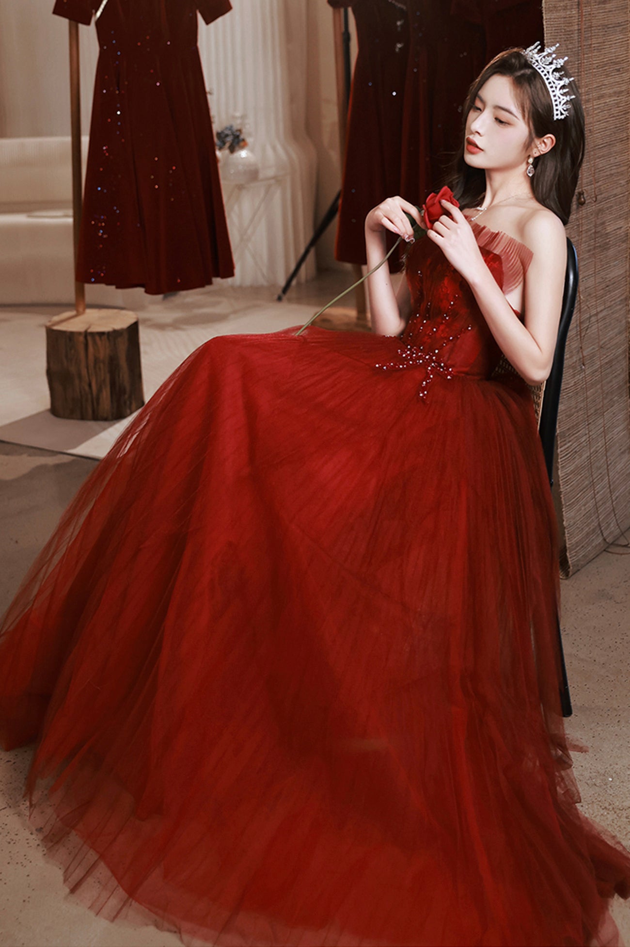 Burgundy Tulle Long Prom Dress with Lace, A-Line Strapless Evening Dress
