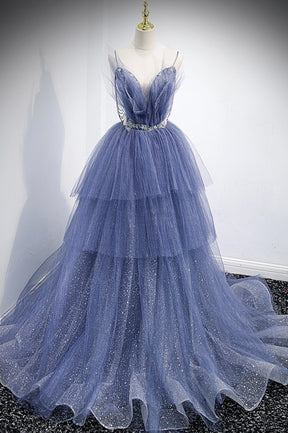 Blue Tulle Layers Long Prom Dress, A-Line Spaghetti Strap Party Dress