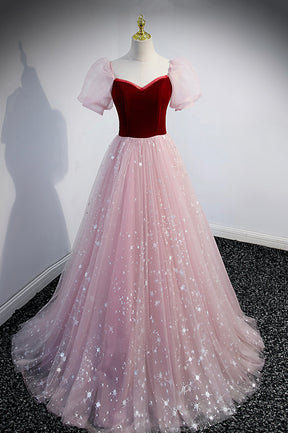Pink Tulle Long A-Line Prom Dress, Lovely Short Sleeve Evening Party Dress